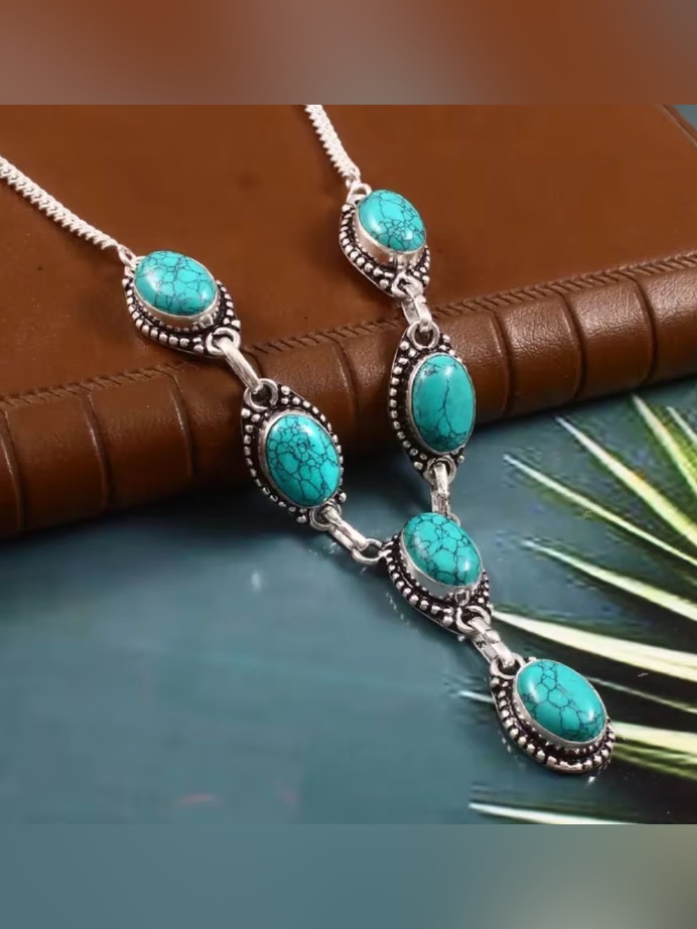 Western Necklace Turquoise Stone Silver-Tone Link Necklace Y shape necklace